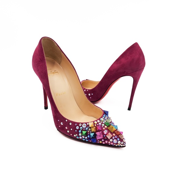 Christian Louboutin Magenta Suede Crystal Studded Spiked Pumps Heels EU 37 - Picture 1 of 8